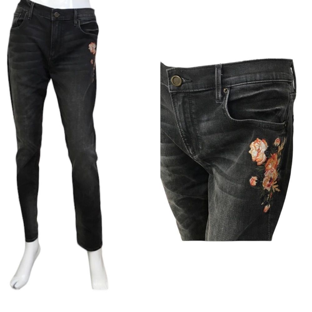 Driftwood Marilyn Black Denim Floral Embroidered Mid-Rise Skinny Jeans 31